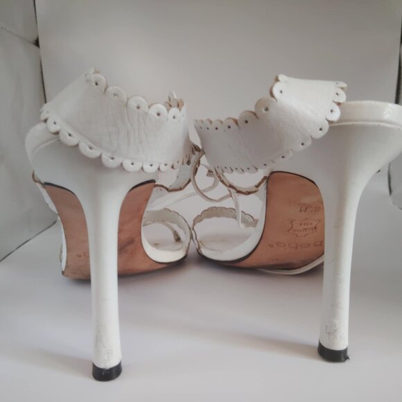 Bebe Bow High Heel Sandals  White Lacey Leather  Ankle Straps  8 1/2 M - Picture 9 of 12